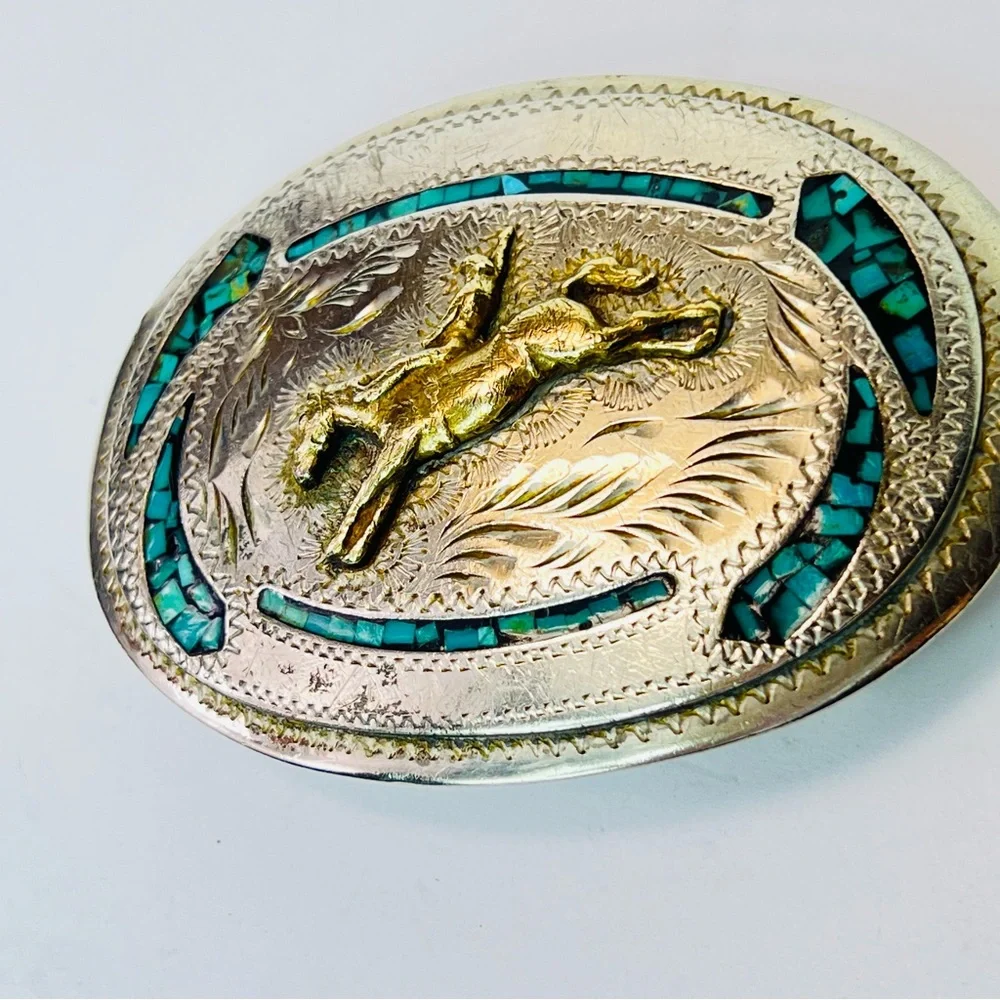 Vintage Native Turquoise Inlay Nickel Silver Bucking Bronco Belt Buckle Western